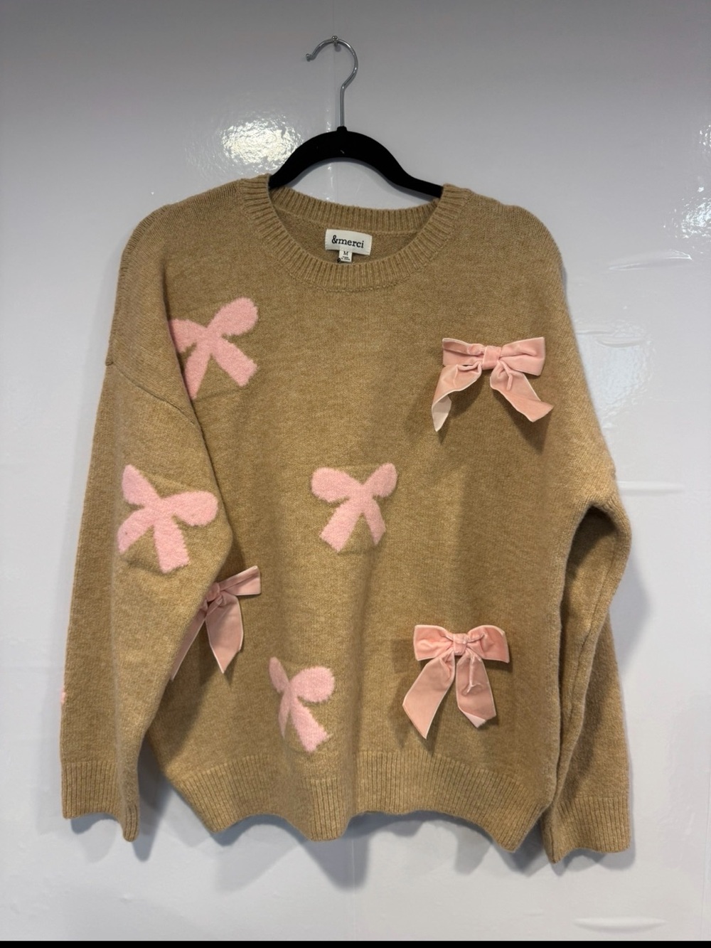 &Merci Camel‎ Sweater with Pink Bow Accents